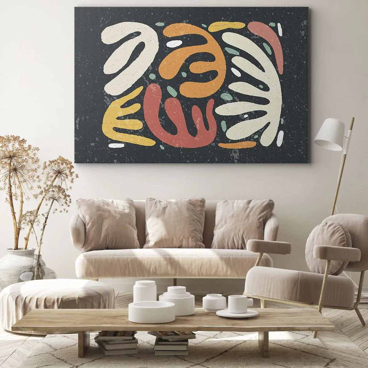Vászonkép - Absztrakt formák meleg színekkel sötét háttér előtt - 70x50cm - Kompozíció - mindjárt elkaplak - Modern fali dekoráció nappalihoz és hálószobához ARTTOR