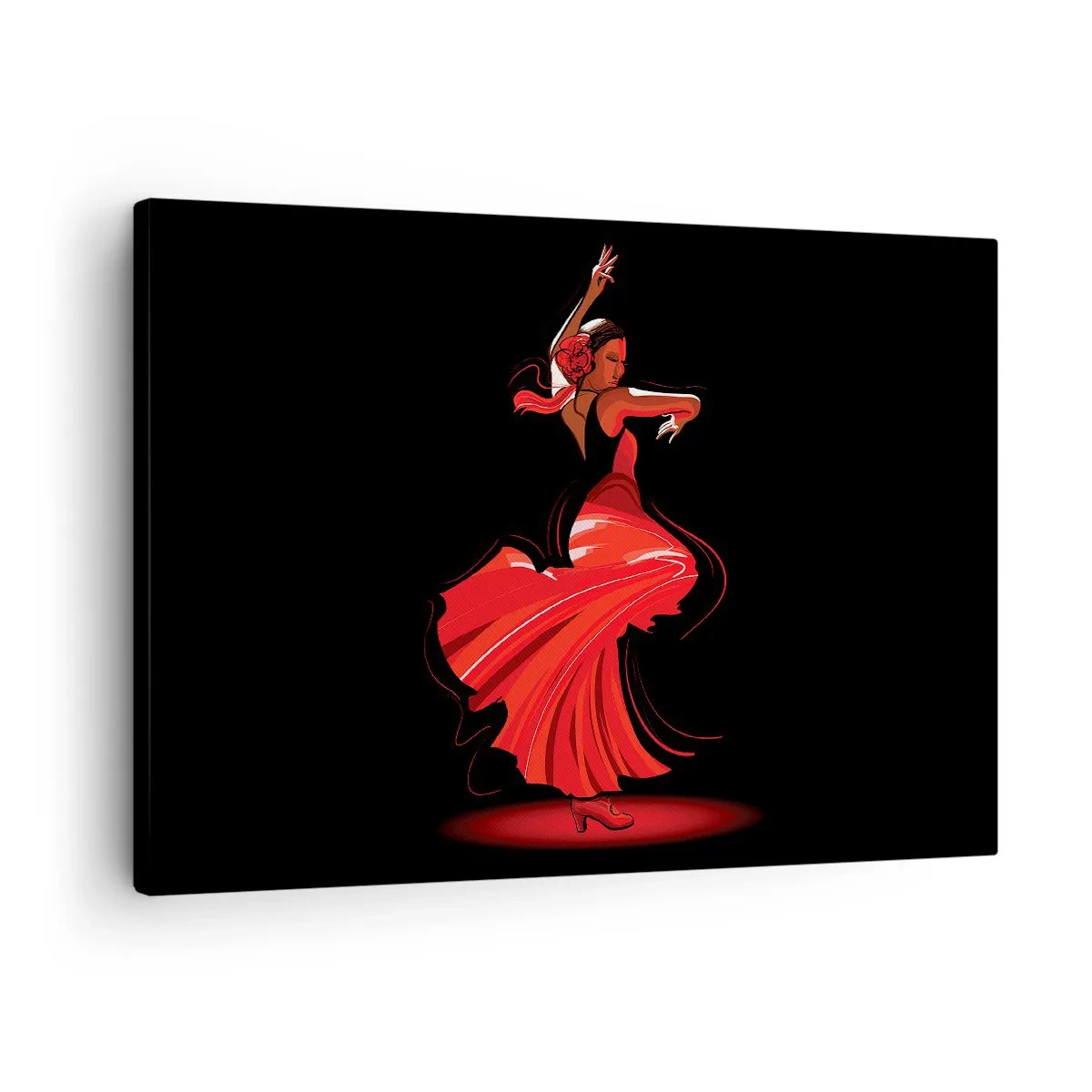 Vászonkép - Flamenco táncos piros ruhában, fekete háttér előtt - 70x50cm - A flamenco tüzes szelleme - Modern fali dekoráció nappalihoz és hálószobához ARTTOR