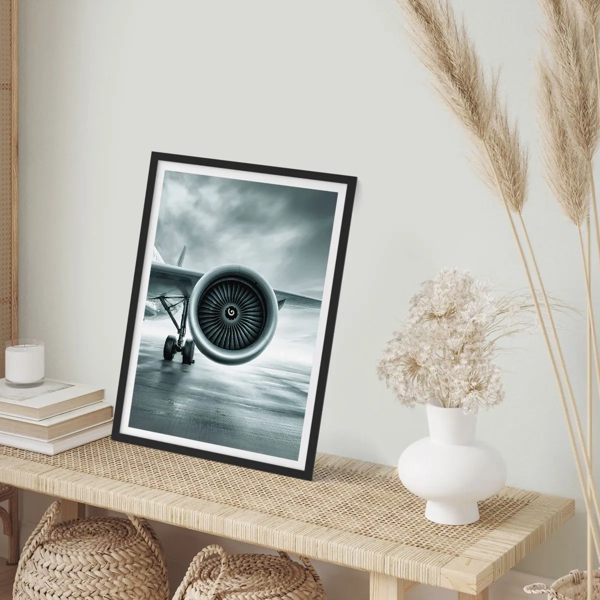 Poszter fehér keretben - Egy repülőgép sugárhajtóműve monokróm tónusokban - 50x70cm - Van erő! - Modern fali dekoráció nappalihoz és hálószobához ARTTOR