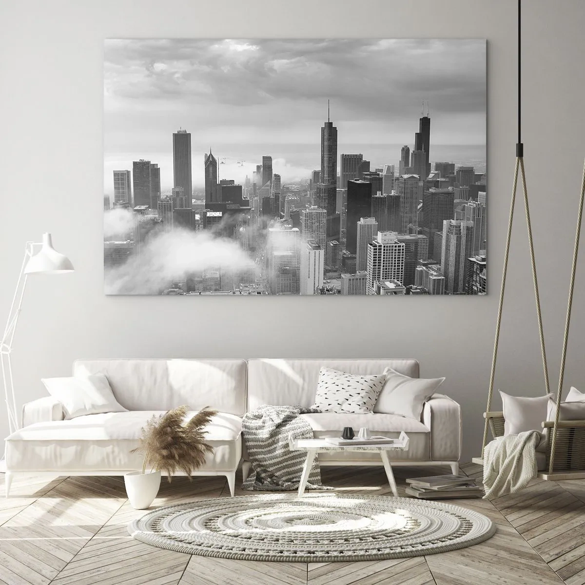 Üveg kép - Városi panoráma fekete-fehér felhőkarcolókkal - 70x50cm - Amerikai táj - Modern fali dekoráció nappalihoz és hálószobához ARTTOR