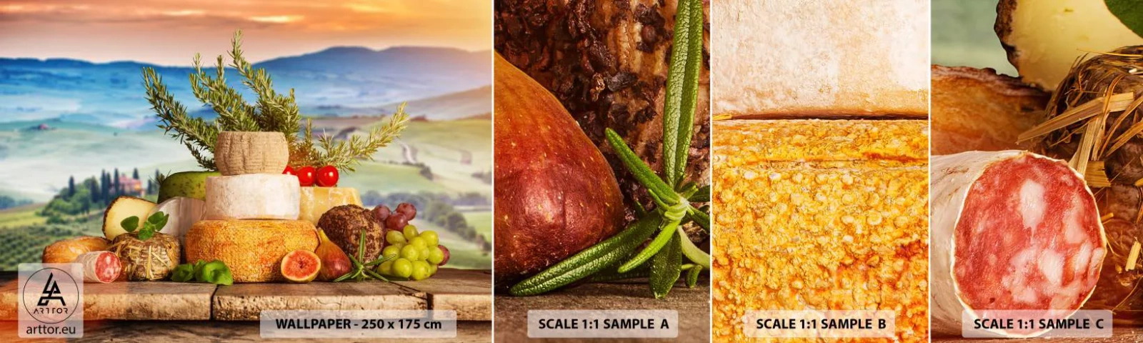Fotótapéta Minta Standard Eco - Az olasz életöröm - Toszkána, Tájkép, Ízletes sajtok - 100x30 cm