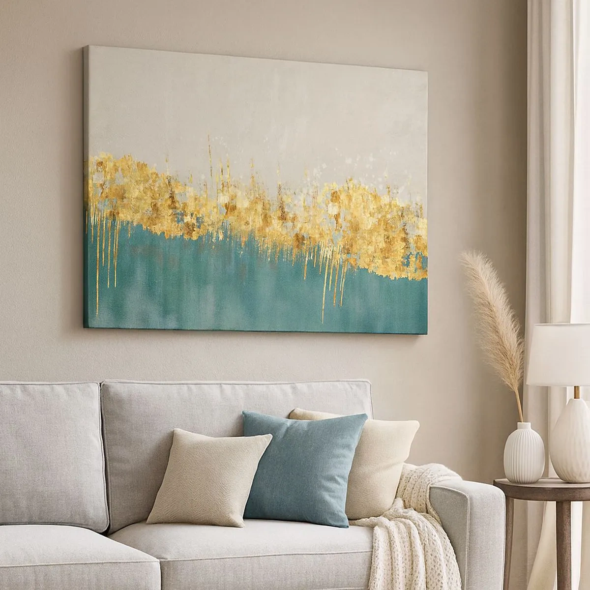 Vászonkép - Arany díszítések zöldes-bézs alapon - 70x50cm - Az aranyhatár - Modern fali dekoráció nappalihoz és hálószobához ARTTOR