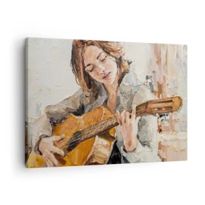 Vászonkép - Portré egy lányról, aki gitározik festői stílusban, meleg színekkel. - 70x50cm - Koncert gitárra és egy lány szívére - Modern fali dekoráció nappalihoz és hálószobához ARTTOR