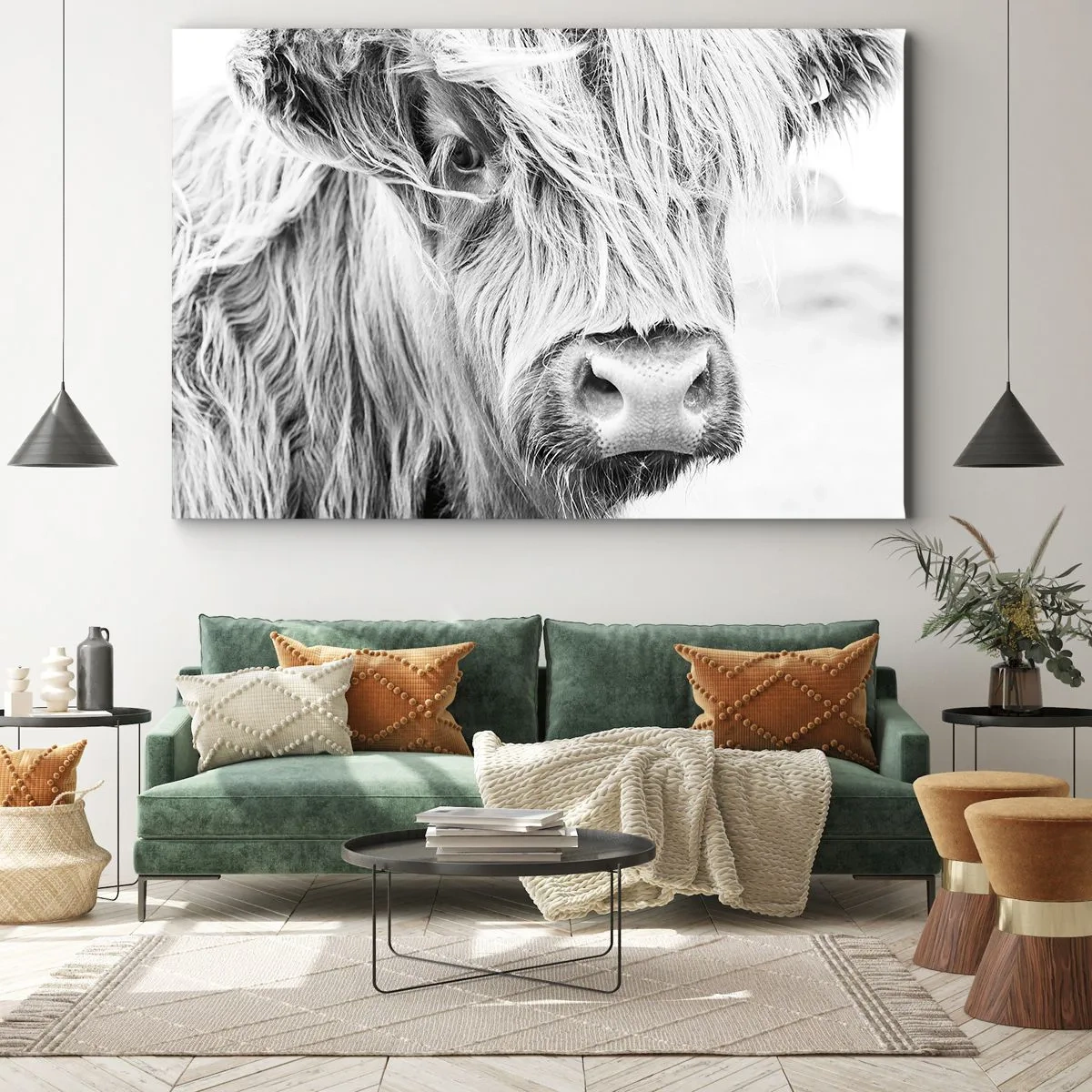 Vászonkép - Skót tehén portréja fekete-fehérben - 70x50cm - Skót vadság - Modern fali dekoráció nappalihoz és hálószobához ARTTOR