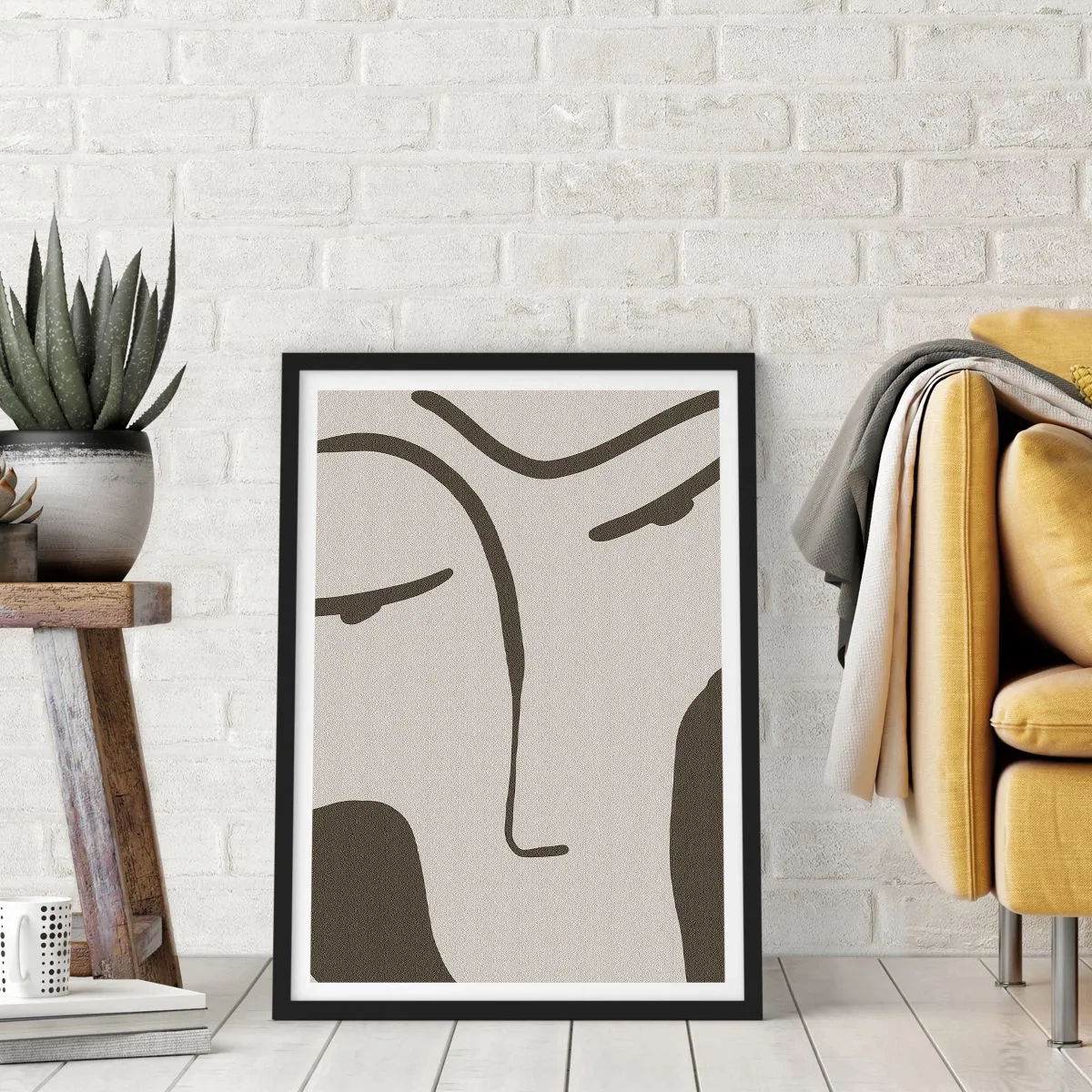 Poszter fehér keretben - Minimalista arckép - 50x70cm - Mintha egy Modigliani-festményből lenne  - Modern fali dekoráció nappalihoz és hálószobához ARTTOR