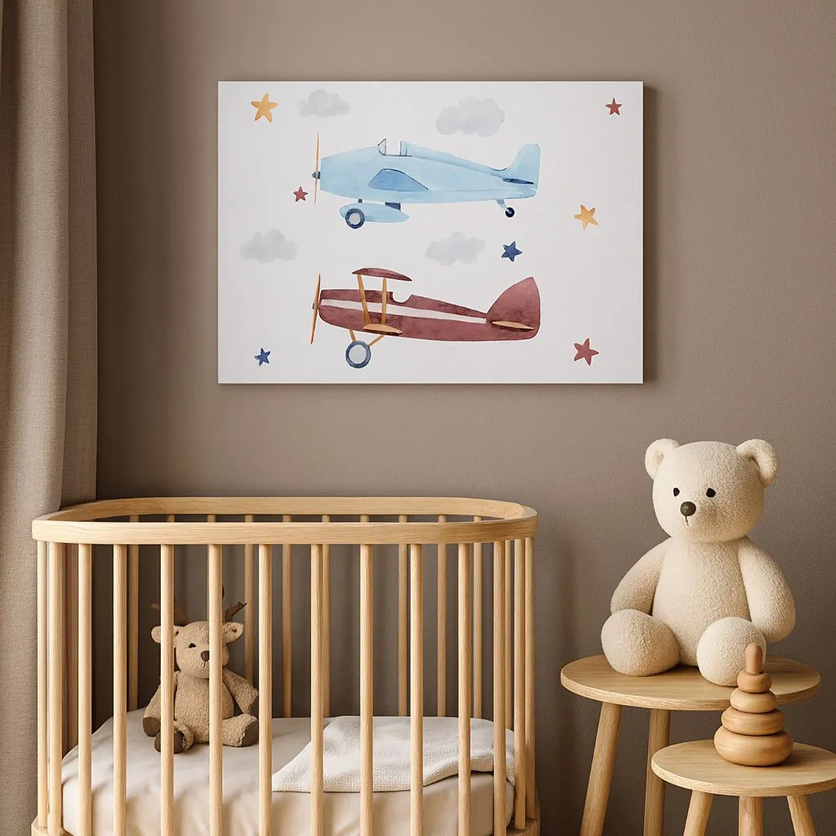 Vászonkép - Kézzel festett repülőgépek felhők és csillagok hátterében - 70x50cm - Pilóta, várunk! - Modern fali dekoráció nappalihoz és hálószobához ARTTOR