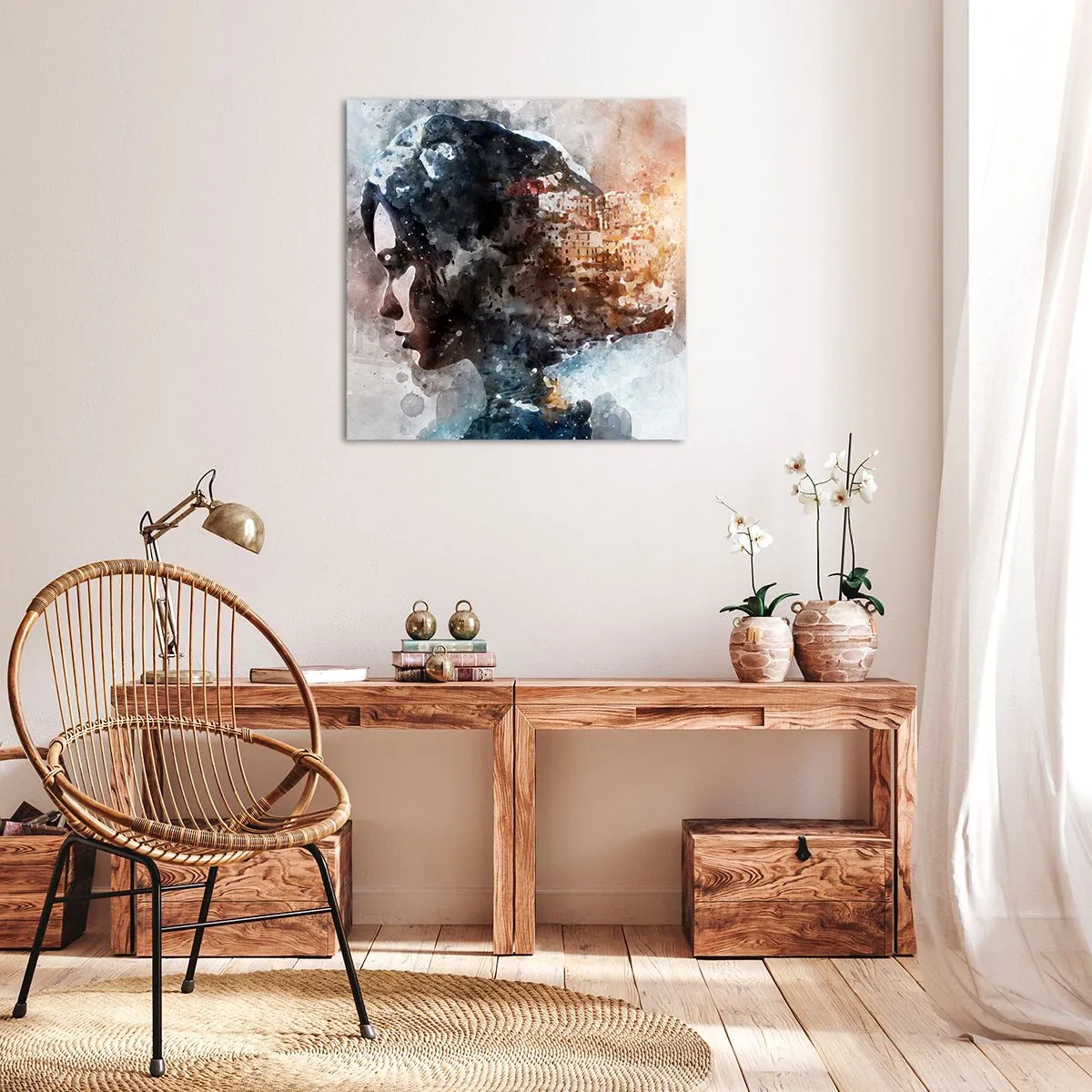 Vászonkép - Történet egy lányról, várossal a háttérben - 50x50 cm