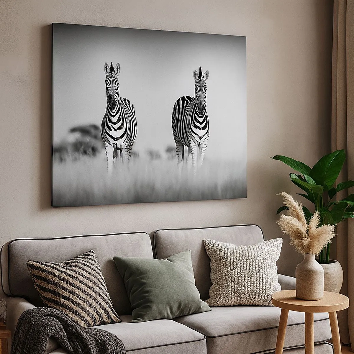 Vászonkép - Két zebra a szavannán monokróm stílusban - 70x50cm - A világ mégis fekete-fehér - Modern fali dekoráció nappalihoz és hálószobához ARTTOR