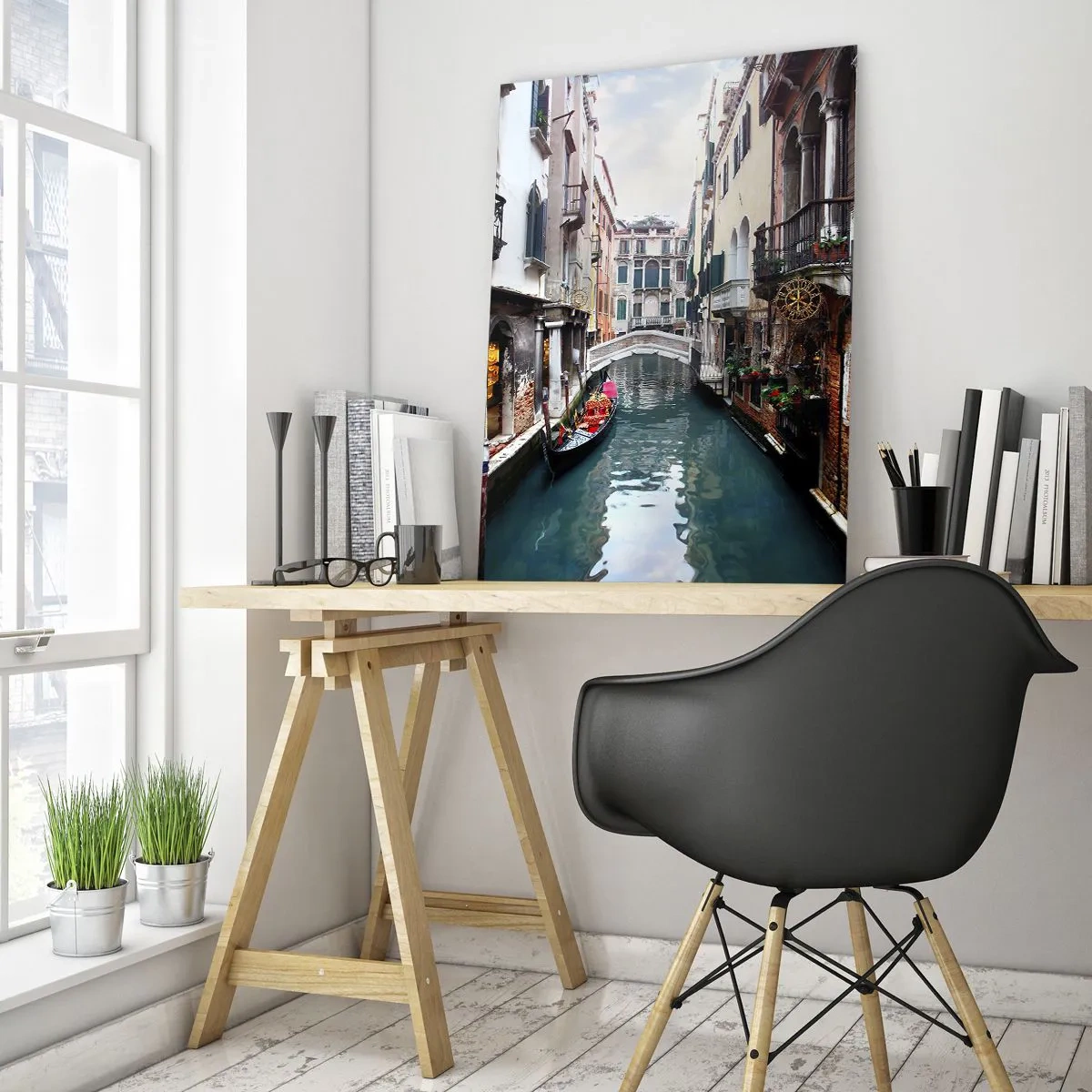 Üveg kép - Velencei táj gondolával és híddal - 50x70 cm