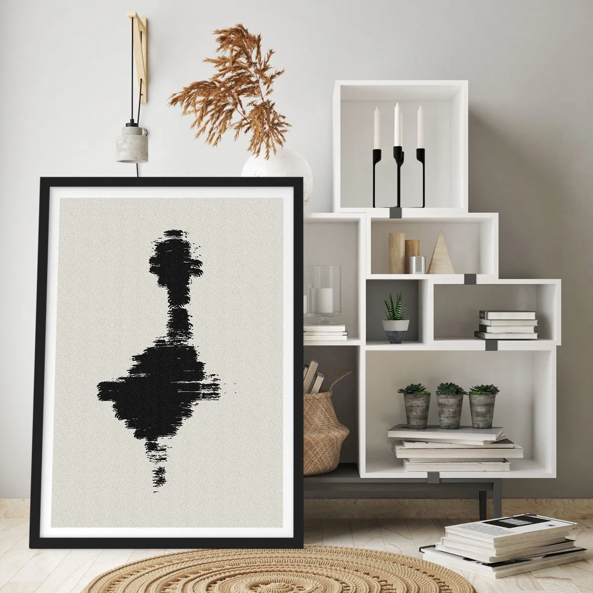 Poszter fehér keretben - Minimalista absztrakció fekete-fehérben - 50x70cm - A képzelet rezgései - Modern fali dekoráció nappalihoz és hálószobához ARTTOR