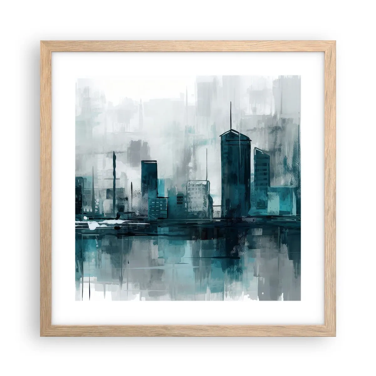 Poszter világos tölgy keretben - Esőszínű város - 40x40 cm