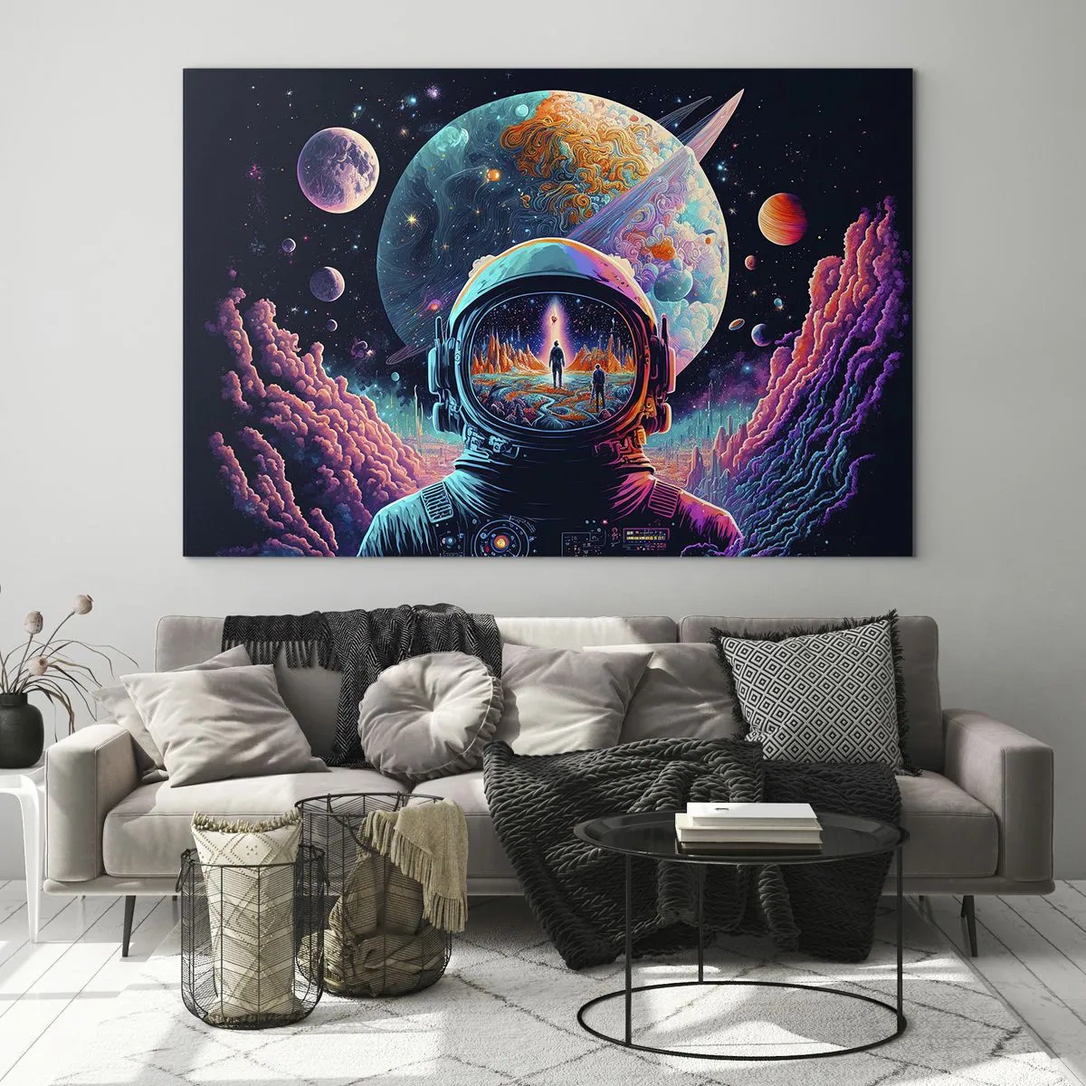 Üveg kép - Egy űrhajóssal és egy szürreális bolygóval rendelkező űrtájkép. - 70x50cm - A filozófusok sosem álmodtak erről - Modern fali dekoráció nappalihoz és hálószobához ARTTOR