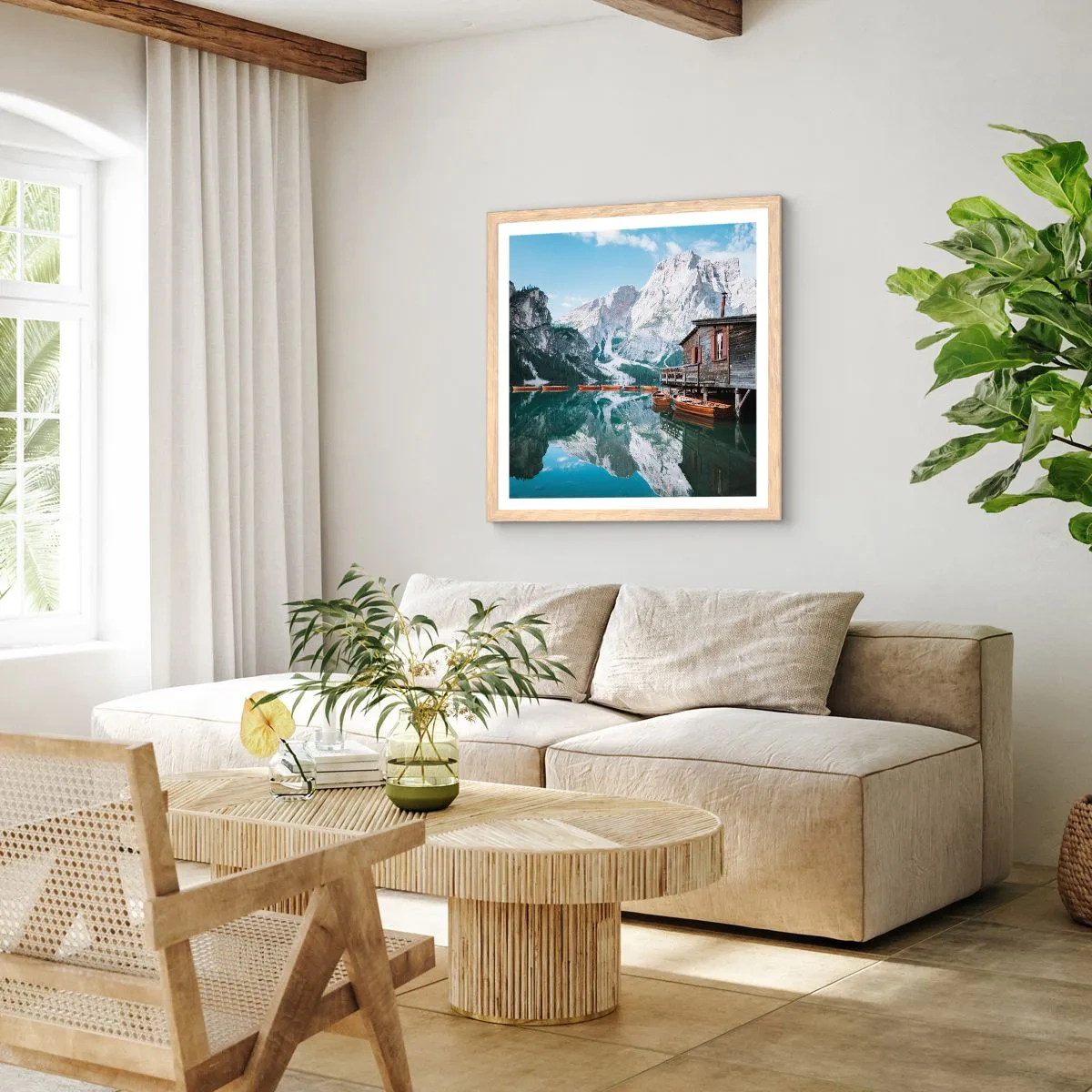 Poszter világos tölgy keretben - Kristályos hegyi reggel - 60x60 cm