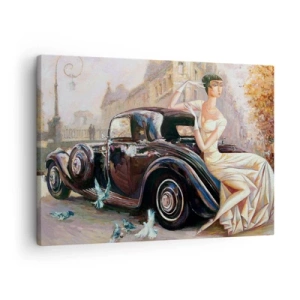 Vászonkép - Retro nő klasszikus autó mellett - 70x50cm - Elegancia retro stílusban - Modern fali dekoráció nappalihoz és hálószobához ARTTOR