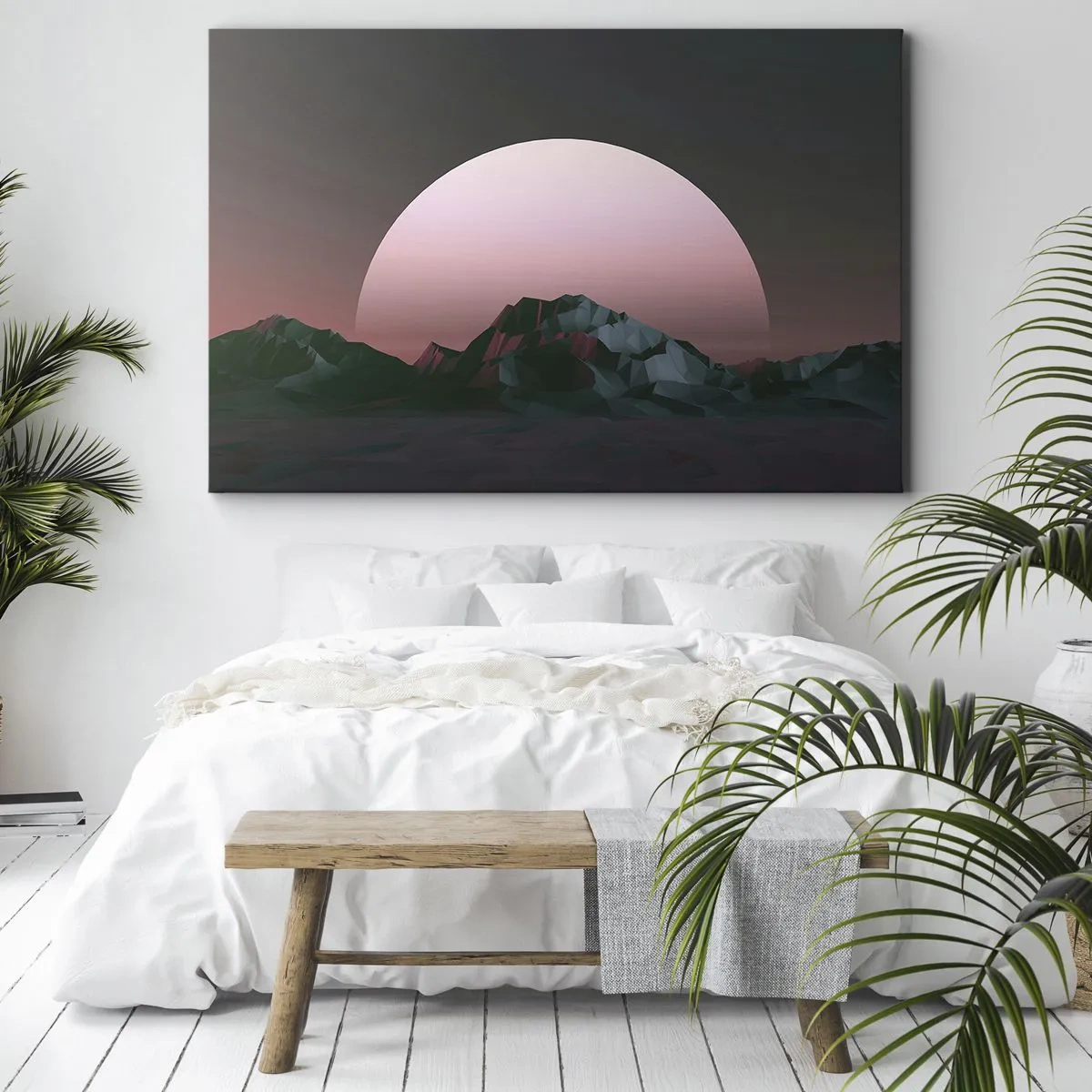 Vászonkép - Geometrikus hegyek a lenyugvó nappal a háttérben - 70x50cm - Egy szomszéd galaxisban - Modern fali dekoráció nappalihoz és hálószobához ARTTOR