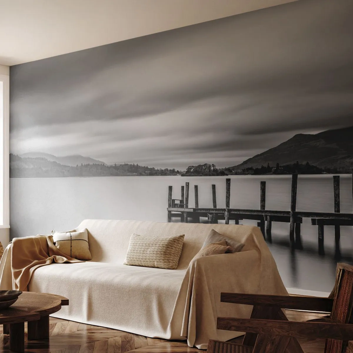 Fotótapéta Premium Sand - Szelídség és erő - Tájkép, Tó, Fa híd - 250x175 cm