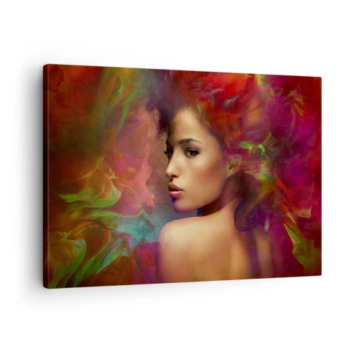 Vászonkép - Egy nő színes tükröződésekkel, amelyek absztrakt hátteret hoznak létre - 70x50cm - Szebb, mint a szivárvány, olyan gyengéd, mint a köd - Modern fali dekoráció nappalihoz és hálószobához ARTTOR