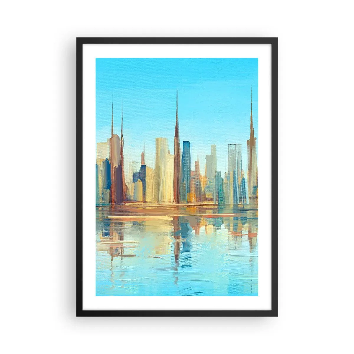 Poszter fehér keretben - Színes városi panoráma tükröződéssel a vízben - 50x70cm - Napfényes metropolisz - Modern fali dekoráció nappalihoz és hálószobához ARTTOR