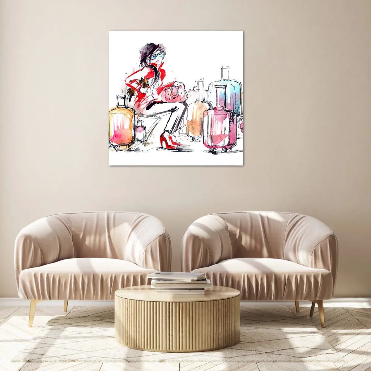 Üveg kép - Üljünk le az utazás előtt - 60x60 cm