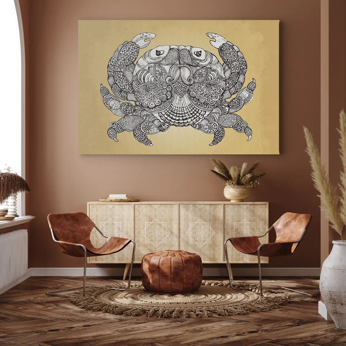 Vászonkép - Dekoratív rajz egy rákról arany alapon - 70x50cm - Rák úr történetei - Modern fali dekoráció nappalihoz és hálószobához ARTTOR