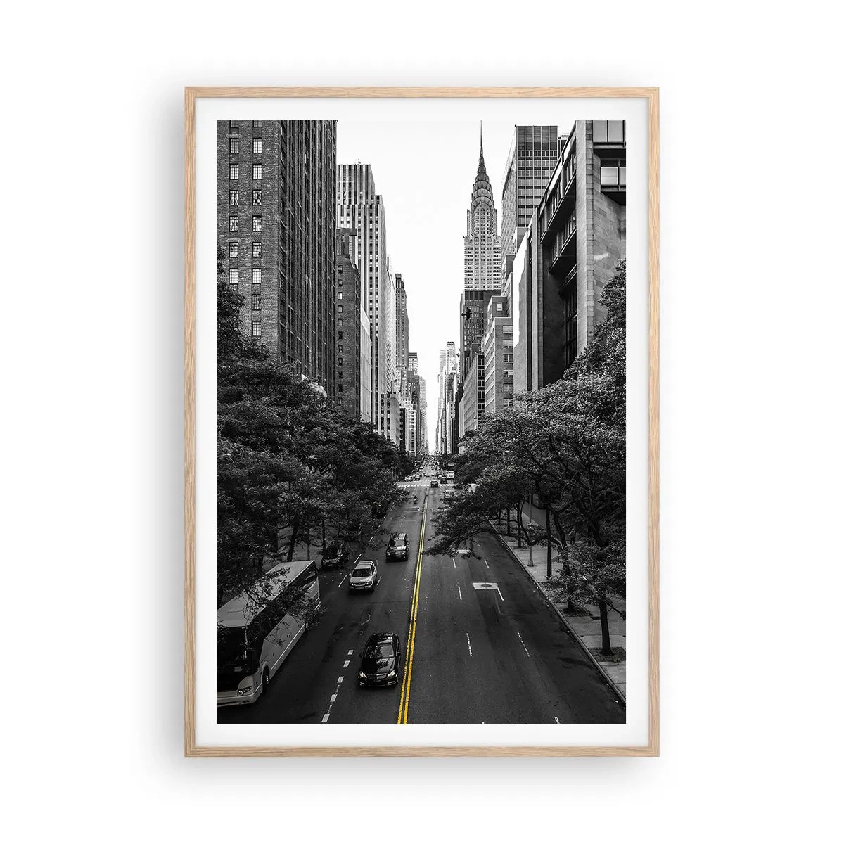 Poszter világos tölgy keretben - New Yorki reggel - 70x100 cm
