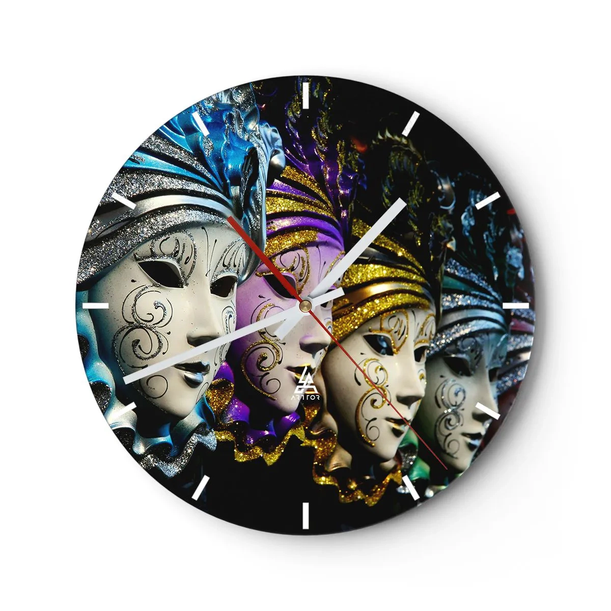 Falióra, Óra - Színes karneváli maszkok csillogó díszítésekkel - 30x30cm - Rejtély aranyban és ezüstben - Modern fali dekoráció nappalihoz, konyhához és hálószobához ARTTOR