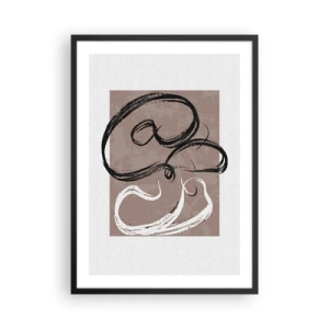Poszter fehér keretben - Absztrakt kompozíció dinamikus ecsetvonásokkal fekete-fehérben barna háttéren. - 50x70cm - Kompozíció - a teljesség keresése - Modern fali dekoráció nappalihoz és hálószobához ARTTOR