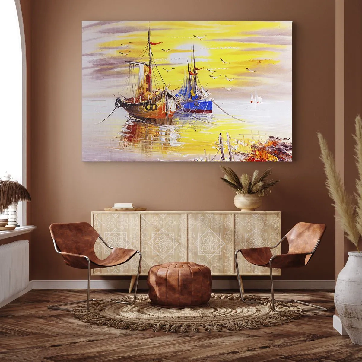 Vászonkép - Festői jelenet hajókról a nyugodt tengeren - 70x50cm - Megérdemelt pihenés a kikötőben - Modern fali dekoráció nappalihoz és hálószobához ARTTOR