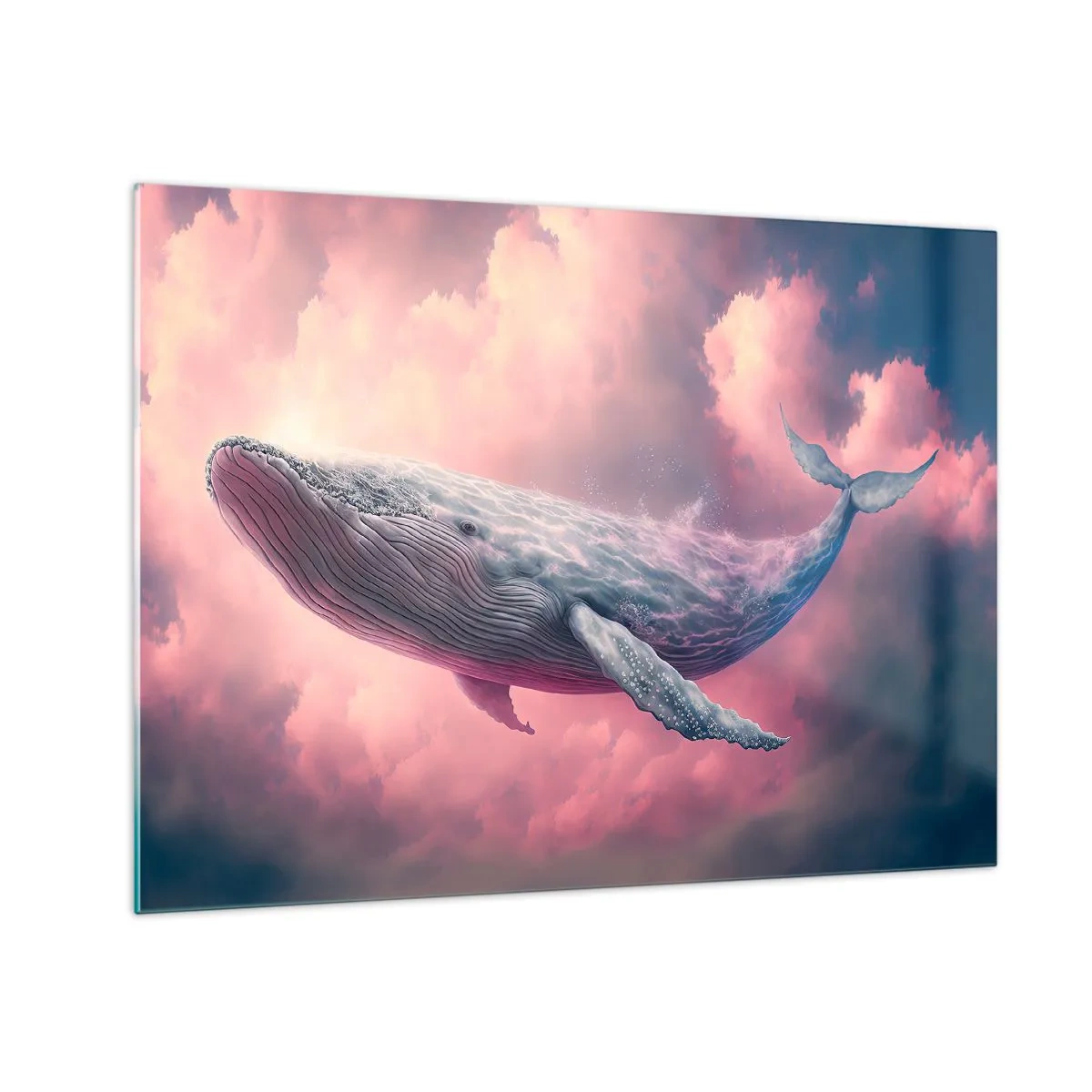 Üveg kép - Egy bálna lebeg a felhőkben rózsaszín ragyogással - 70x50cm - Töröld meg a szemed - Modern fali dekoráció nappalihoz és hálószobához ARTTOR
