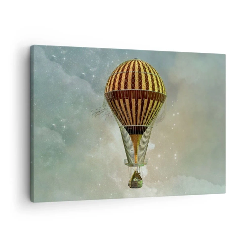 Vászonkép - Egy hőlégballon lebeg a felhők között - 70x50cm - Úttörő járatok - Modern fali dekoráció nappalihoz és hálószobához ARTTOR