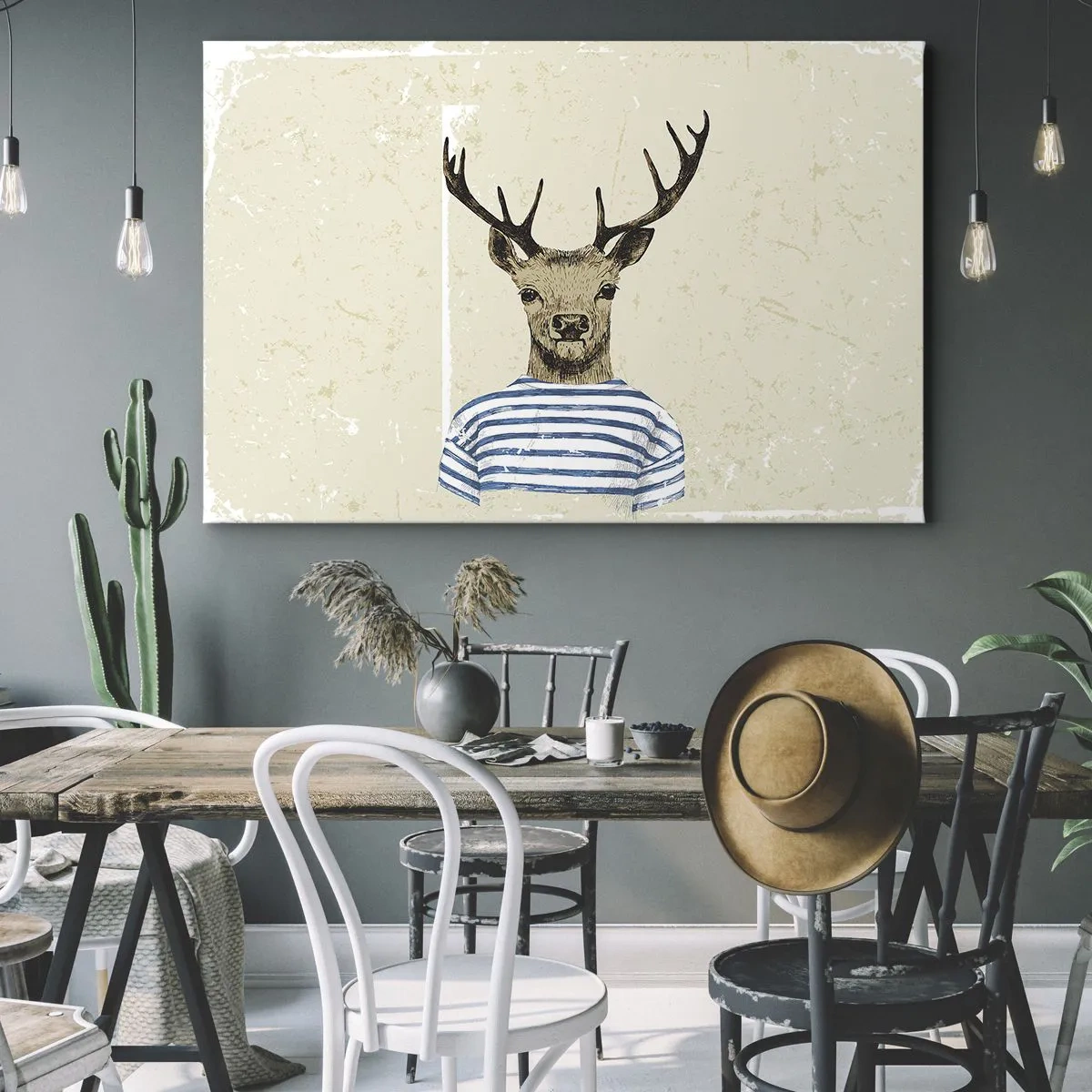Vászonkép - Egy szarvas csíkos ingben, világos, finom textúrájú háttér előtt - 70x50cm - Mert szeretem a csíkos pólókat! - Modern fali dekoráció nappalihoz és hálószobához ARTTOR