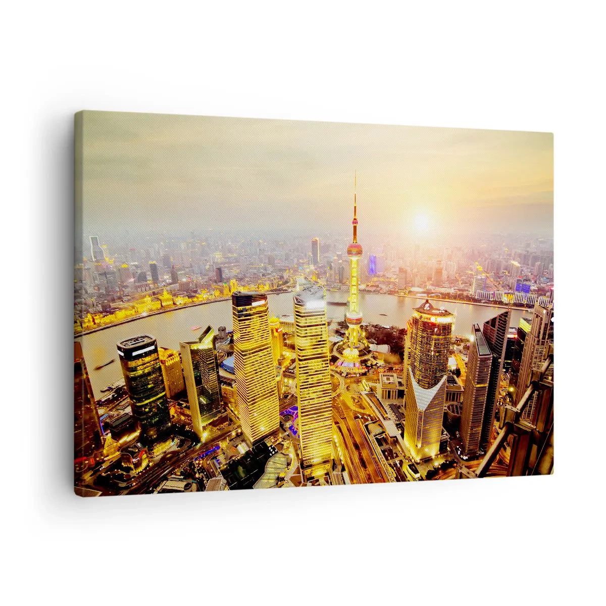 Vászonkép - Városi panoráma felhőkarcolókkal naplementekor - 70x50cm - Ázsiai álom - Modern fali dekoráció nappalihoz és hálószobához ARTTOR