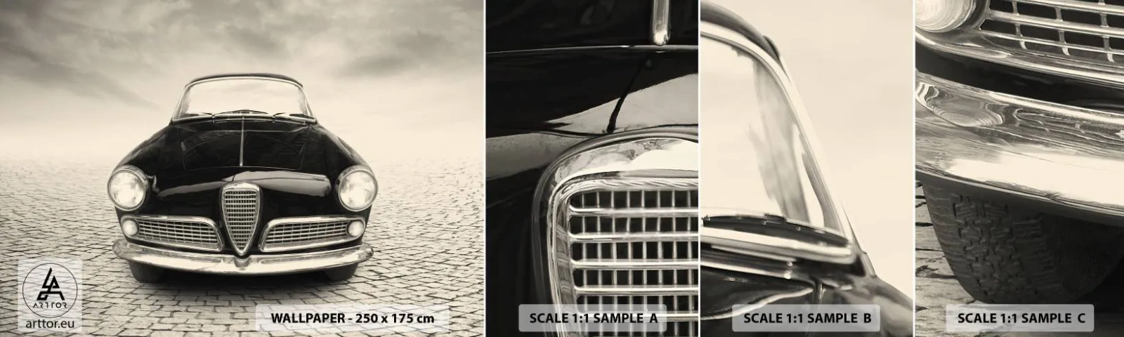 Fotótapéta Minta Öntapadós Deluxe Sticker - És hogy ne szeretnél engem? - Autó, Szüret, Fekete és fehér - 100x30 cm