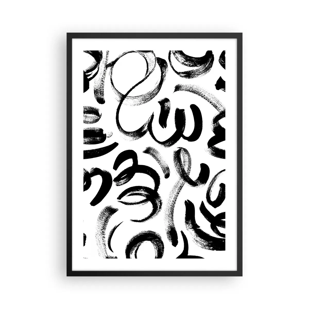 Poszter fehér keretben - Absztrakt fekete ecsetvonások fehér alapon - 50x70cm - Feketén-fehéren - Modern fali dekoráció nappalihoz és hálószobához ARTTOR