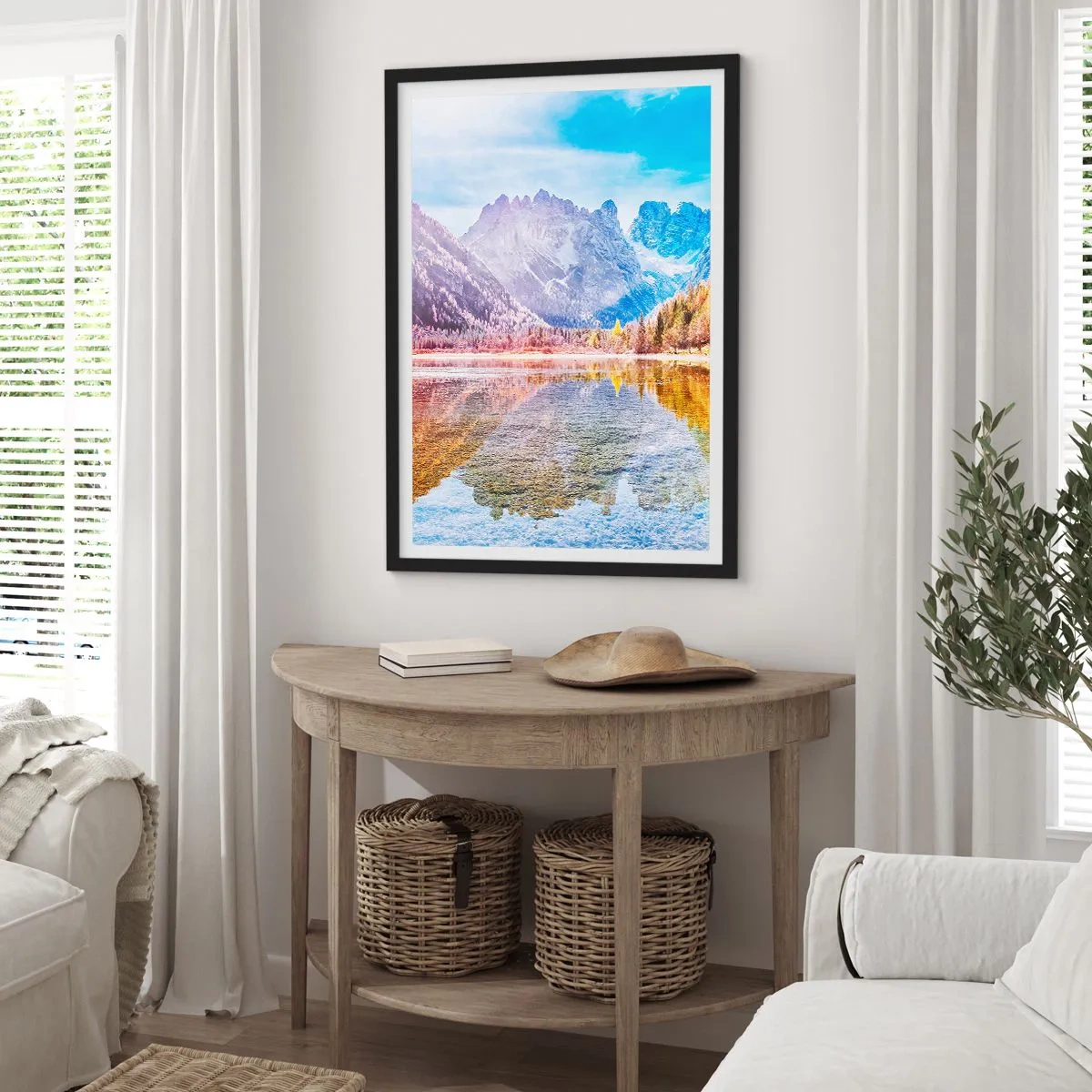 Poszter fehér keretben - Hegyi táj tóval és őszi színekkel - 50x70cm - És már ősz van a hegyekben - Modern fali dekoráció nappalihoz és hálószobához ARTTOR