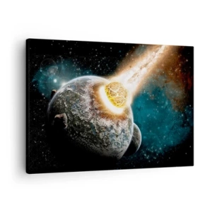 Vászonkép - Egy bolygó kozmikus ütközése egy aszteroidával a galaxis közelében. - 70x50cm - Halál, vagy élet? - Modern fali dekoráció nappalihoz és hálószobához ARTTOR