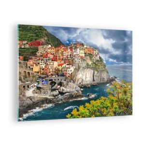 Üveg kép - Egy színes város egy sziklán a tengerparton - 70x50cm - Egy csoport a sziklákra simulva - Modern fali dekoráció nappalihoz és hálószobához ARTTOR