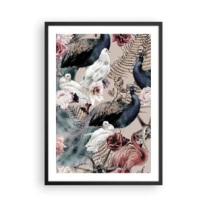 Poszter fehér keretben - Színes madarak és virágok bézs alapon - 50x70cm - A palota kertjében - Modern fali dekoráció nappalihoz és hálószobához ARTTOR