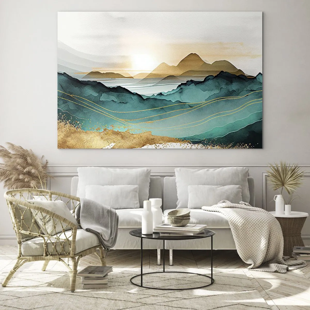 Üveg kép - Arany és türkiz hegyi táj akvarell stílusban. - 70x50cm - Az absztrakció határán - tájkép - Modern fali dekoráció nappalihoz és hálószobához ARTTOR