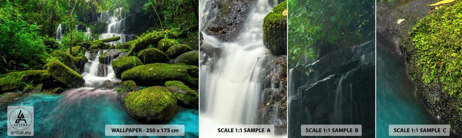 Fotótapéta Minta Öntapadós Deluxe Sticker - Türkiz, zafír és folyékony ezüst - Tájkép, Vízesés, Hegyi patak - 100x30 cm