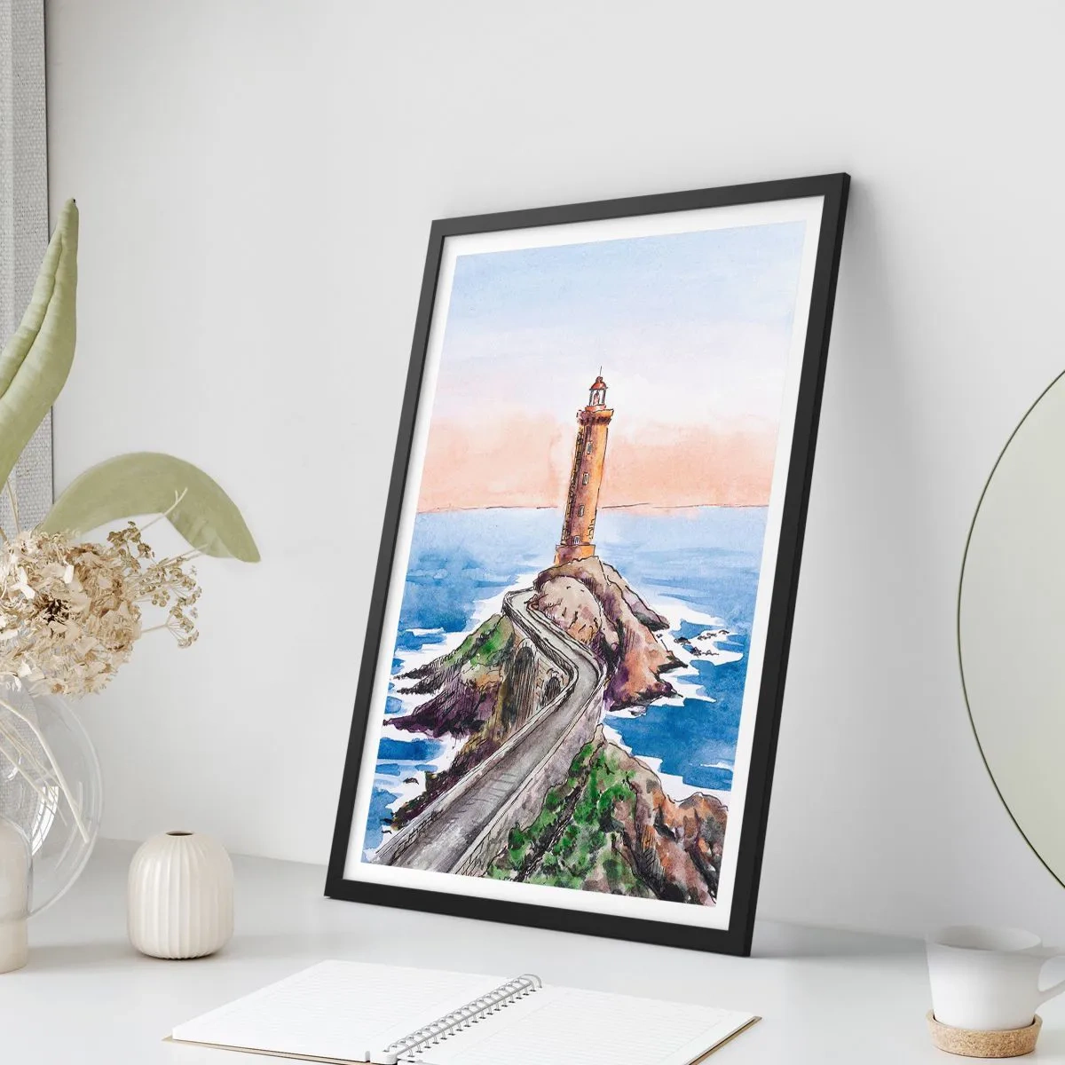Poszter fehér keretben - Akvarell illusztráció egy világítótoronyról egy sziklás parton - 50x70cm - Szemben a tengerrel - Modern fali dekoráció nappalihoz és hálószobához ARTTOR