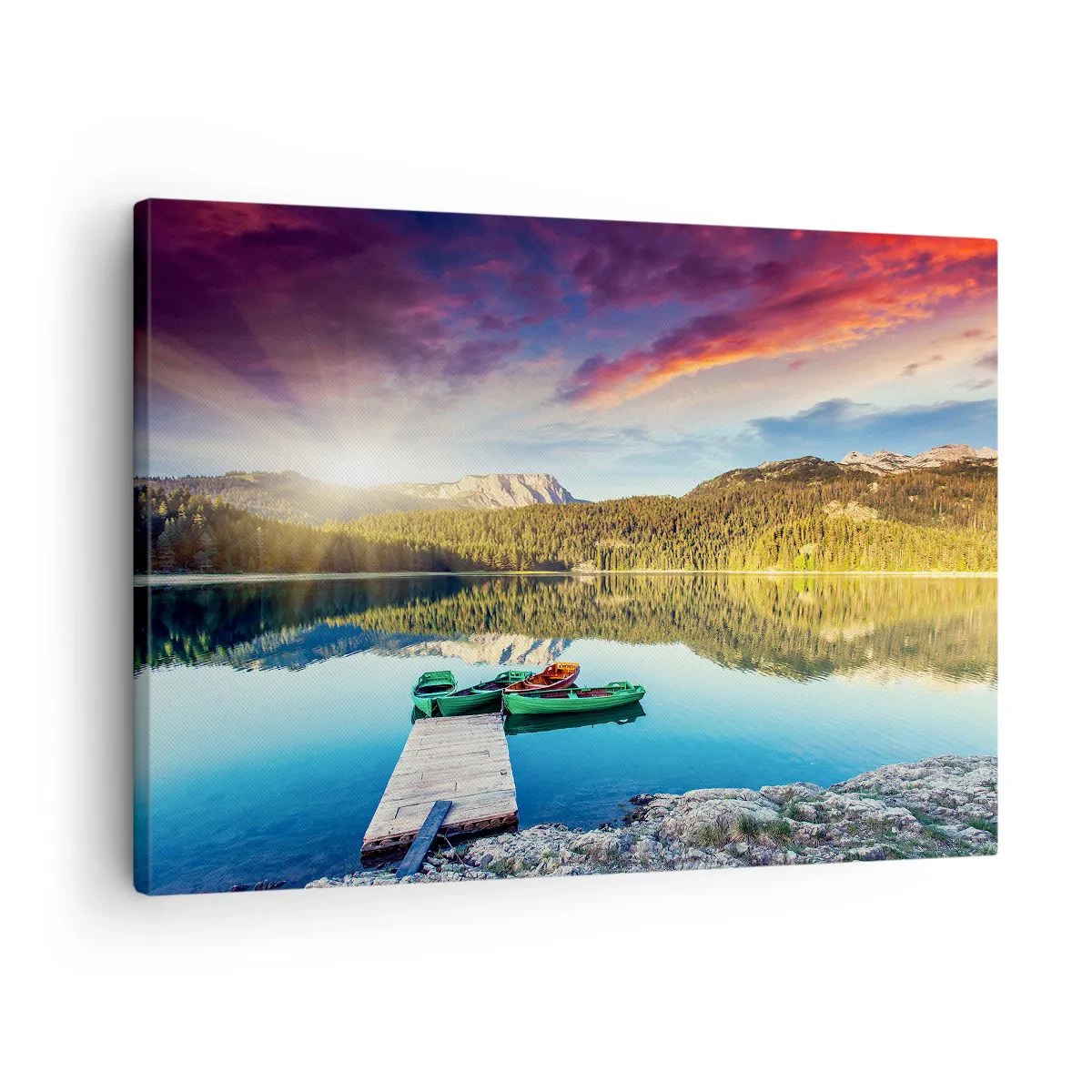 Vászonkép - Naplemente a tó felett, csónakokkal a mólón - 70x50cm - A tükörsima víz felett - Modern fali dekoráció nappalihoz és hálószobához ARTTOR
