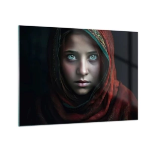 Üveg kép - Portré egy nőről piros sállal sötét háttér előtt - 70x50cm - Keleti hercegnő - Modern fali dekoráció nappalihoz és hálószobához ARTTOR