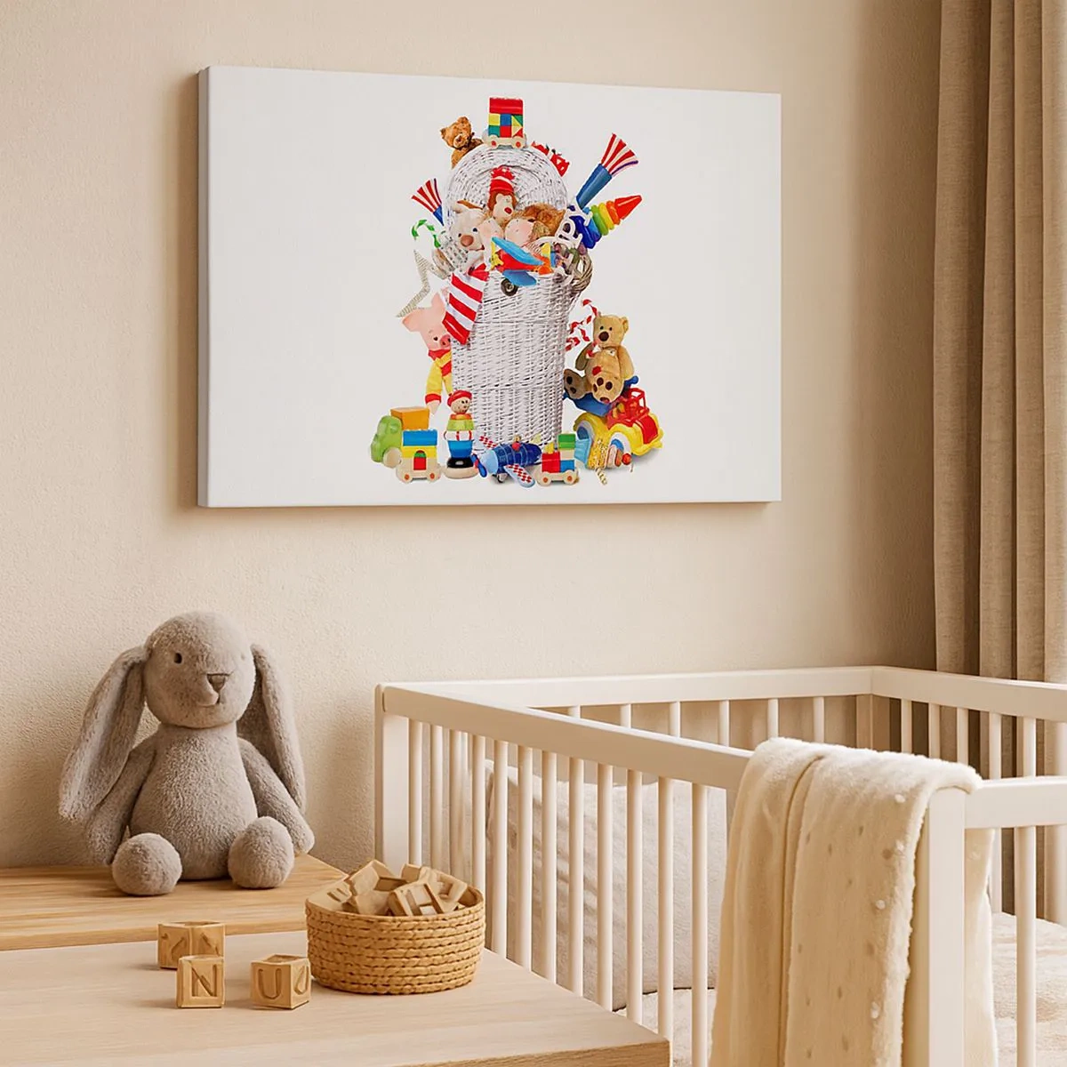 Vászonkép - Egy színes kosár tele gyerekjátékokkal - 70x50cm - A picur kincsei - Modern fali dekoráció nappalihoz és hálószobához ARTTOR