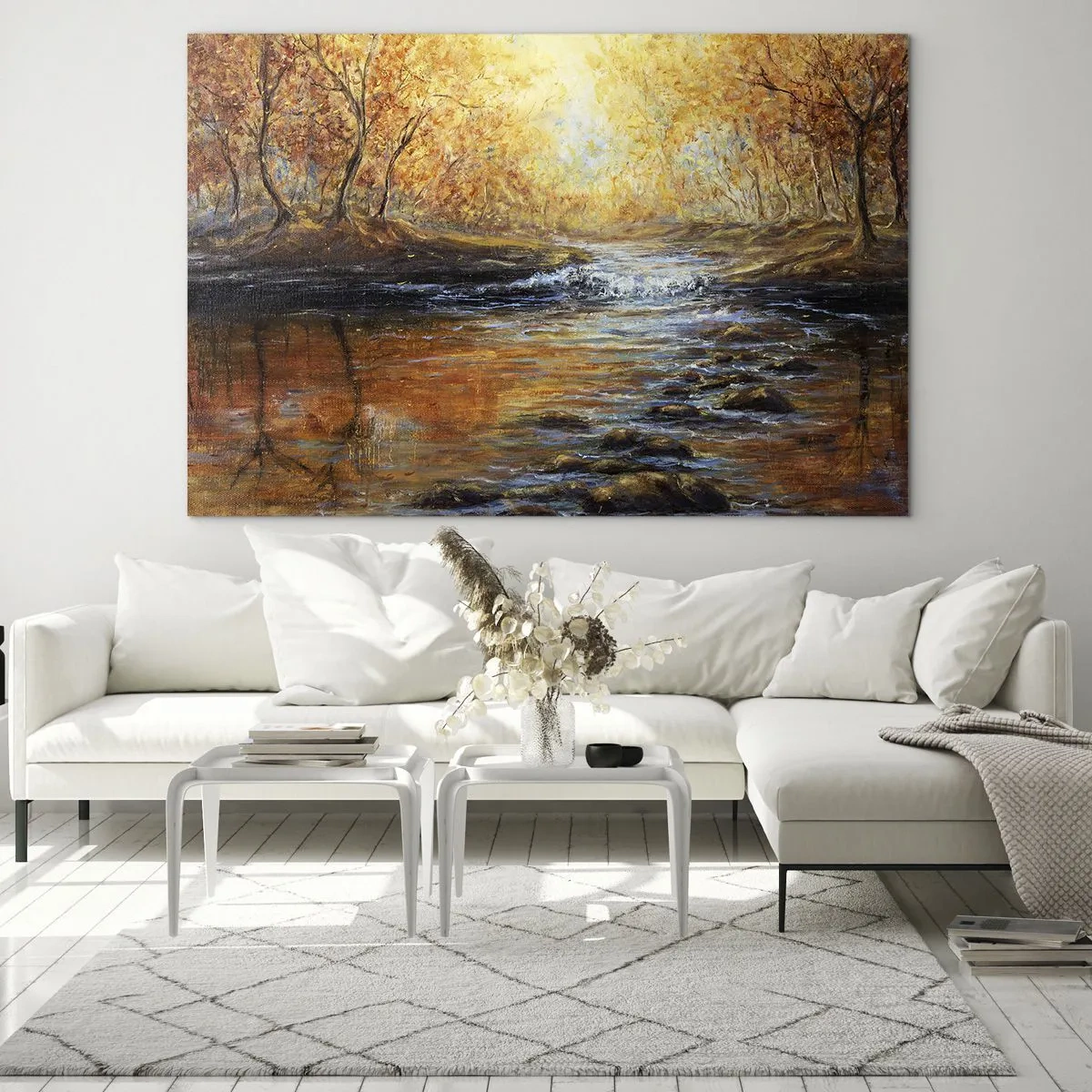 Üveg kép - Egy aranyló patak az erdőben, őszi fákkal körülvéve - 70x50cm - Az Arany Patak - Modern fali dekoráció nappalihoz és hálószobához ARTTOR