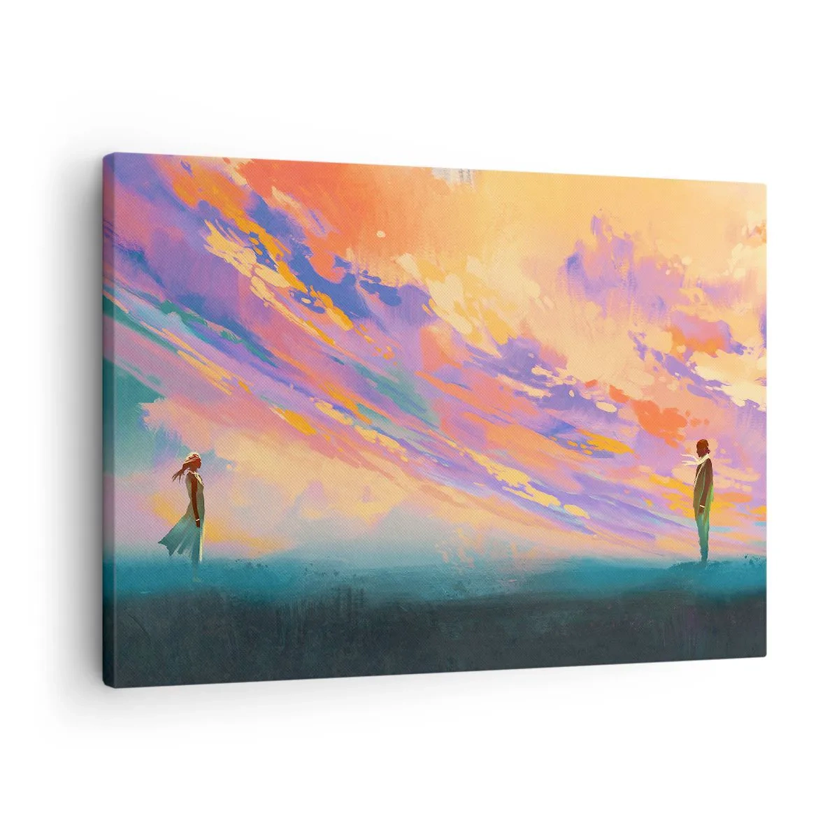 Vászonkép - Dinamikus jelenet alakokkal egy színes naplemente előtt - 70x50cm - Vonzási erő - Modern fali dekoráció nappalihoz és hálószobához ARTTOR