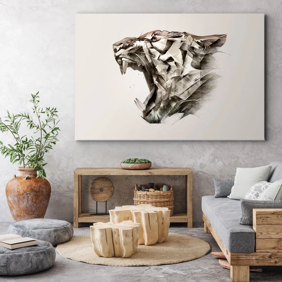 Vászonkép - Egy tigris absztrakt képe bézs árnyalatokban - 70x50cm - Már tudod, ki a főnök - Modern fali dekoráció nappalihoz és hálószobához ARTTOR
