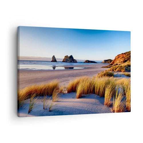 Vászonkép - Festői tengerpart, kilátással a sziklákra és a tengerre naplementekor - 70x50cm - A nyugalmat keresőknek - Modern fali dekoráció nappalihoz és hálószobához ARTTOR