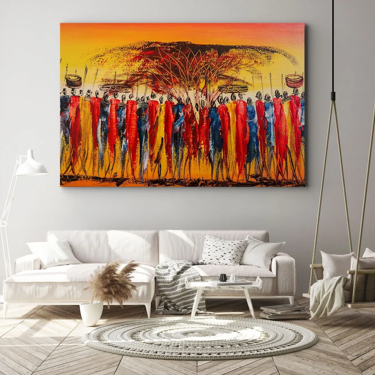 Vászonkép - Egy színes jelenet afrikai alakokkal a lenyugvó nap hátterében. - 70x50cm - Oda, oda, oda oda mennek - Modern fali dekoráció nappalihoz és hálószobához ARTTOR