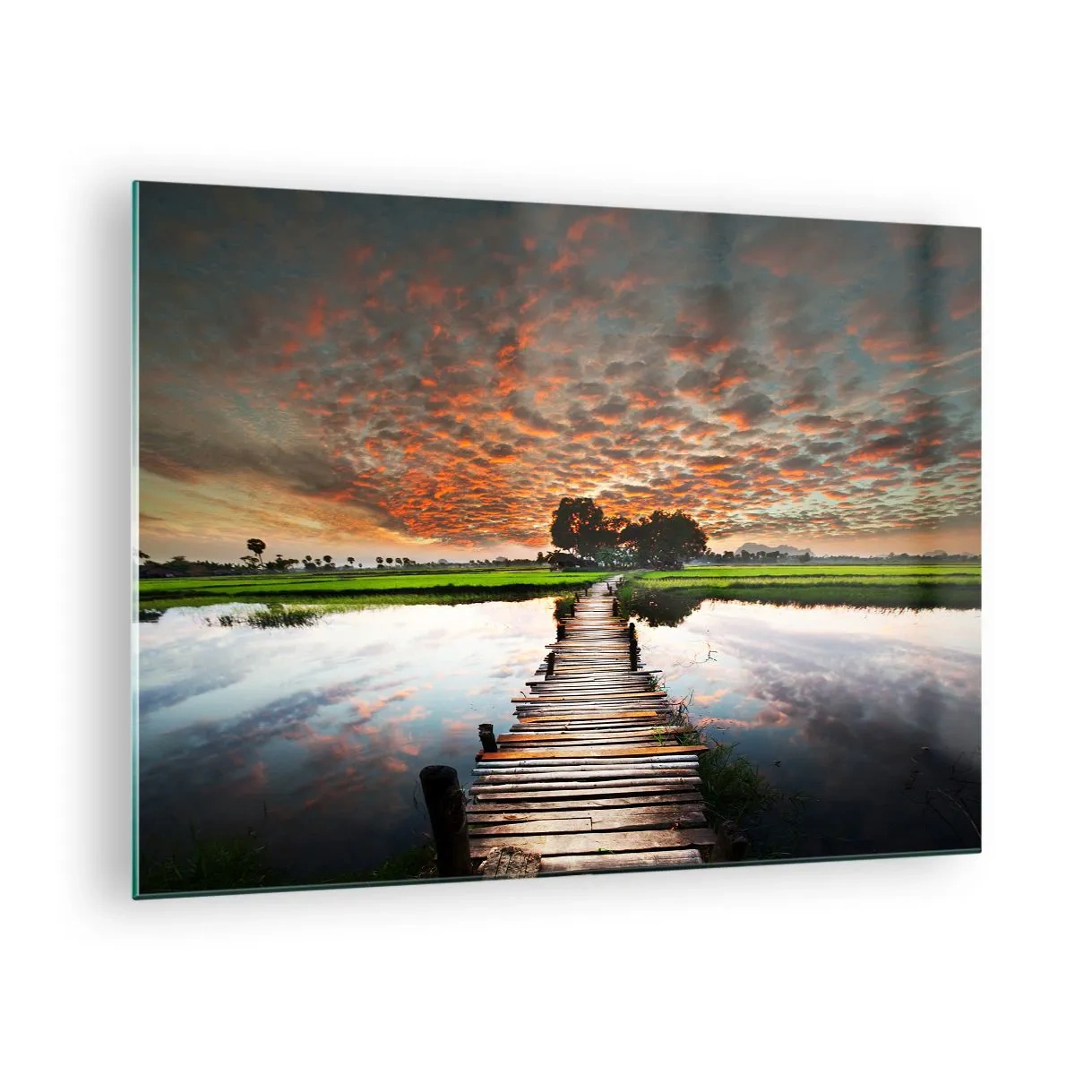 Üveg kép - Fahíd a folyón naplementekor - 70x50cm - Nyújtsd ki a karjaidat - lélegezz  - Modern fali dekoráció nappalihoz és hálószobához ARTTOR